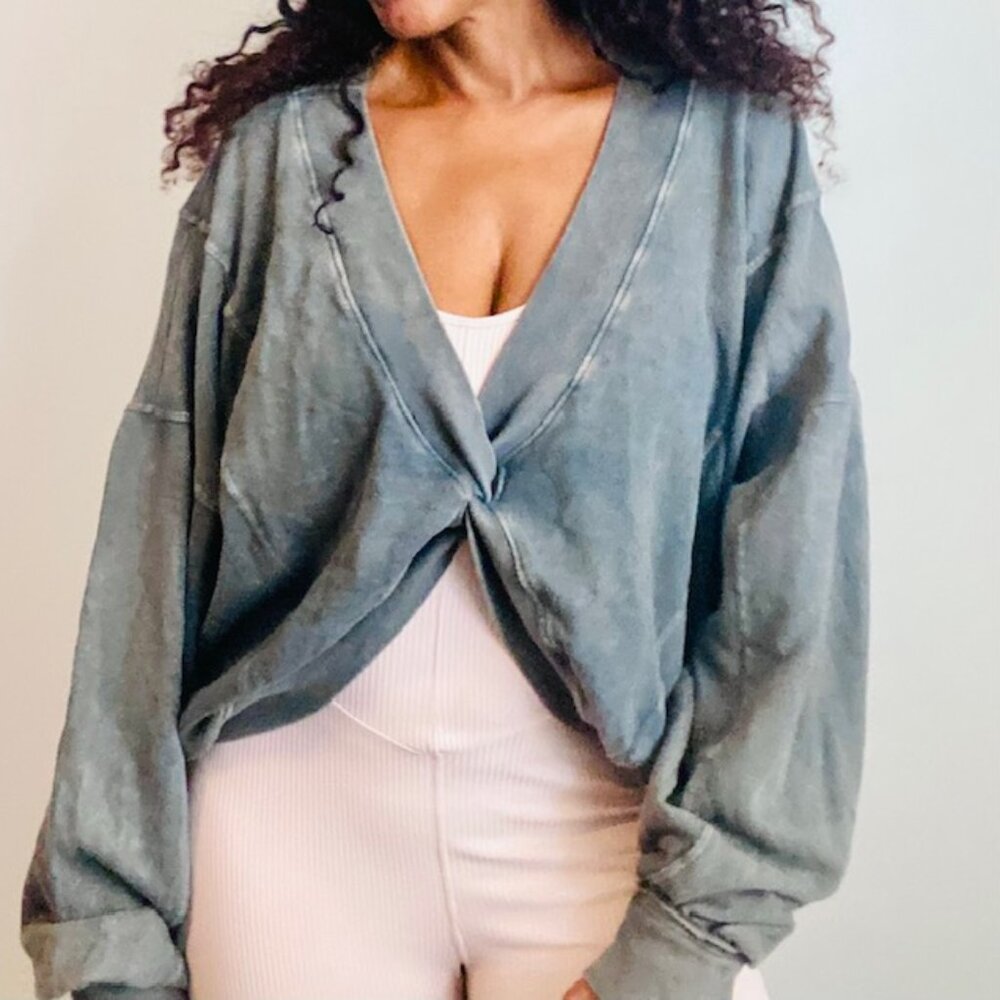 Oversized Front Knot Acid Wash Sweater